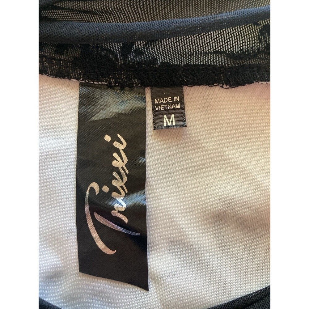 50s Style Fit & Flare Black White Floral Dress Medium Tradwife Mesh Neckline - Picture 9 of 11